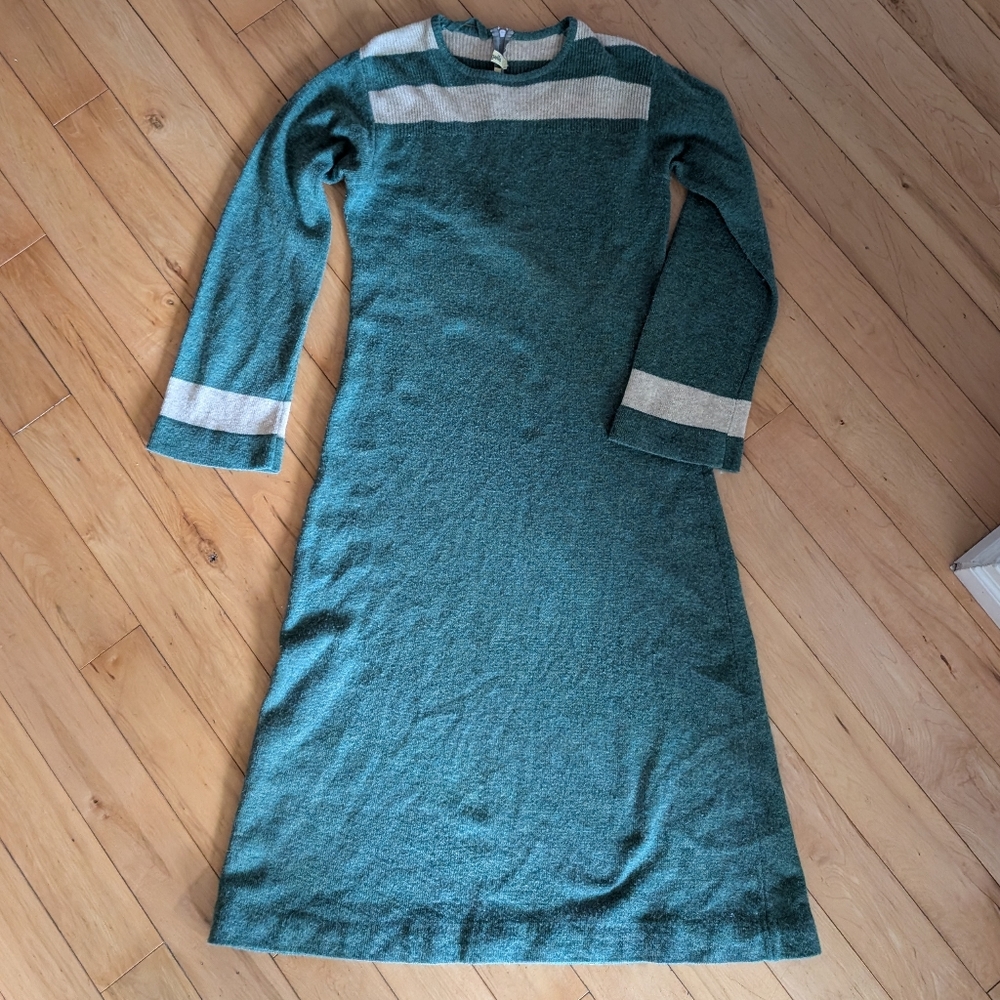 Elegant Teal and Cream Long Sleeve Vintage Dress